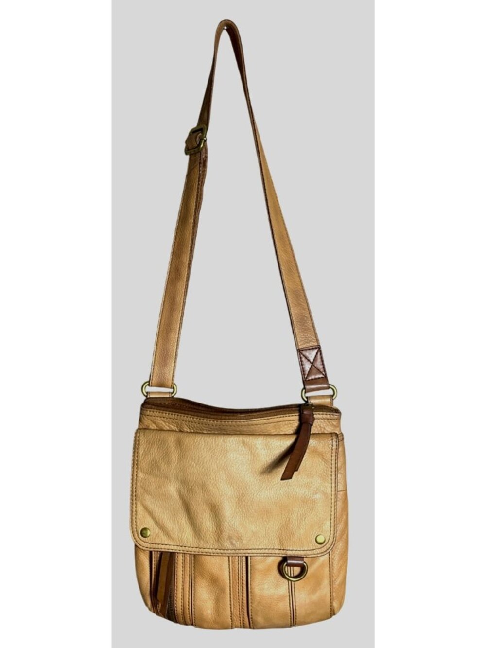 Fossil Morgan Travel Crossbody Bag Pebbled Cowhide Leather Tan Messenger Purse